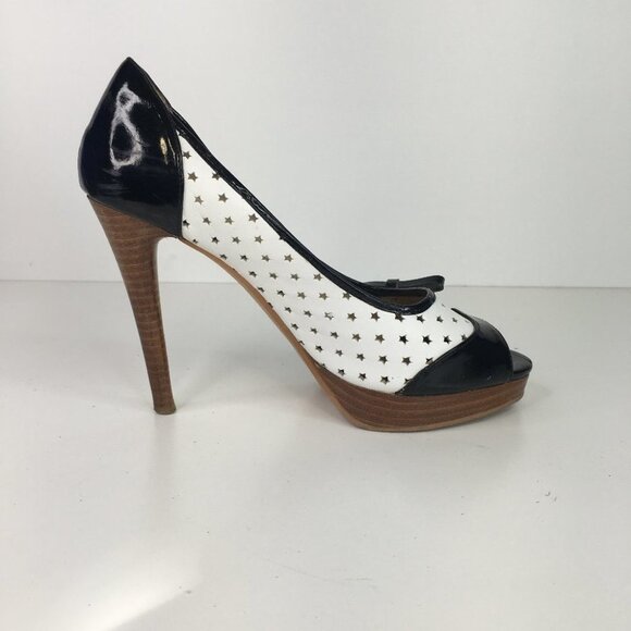 Moschino Black & White Open Toe Stars Heels Size 38  Pin Up Style - Picture 7 of 14
